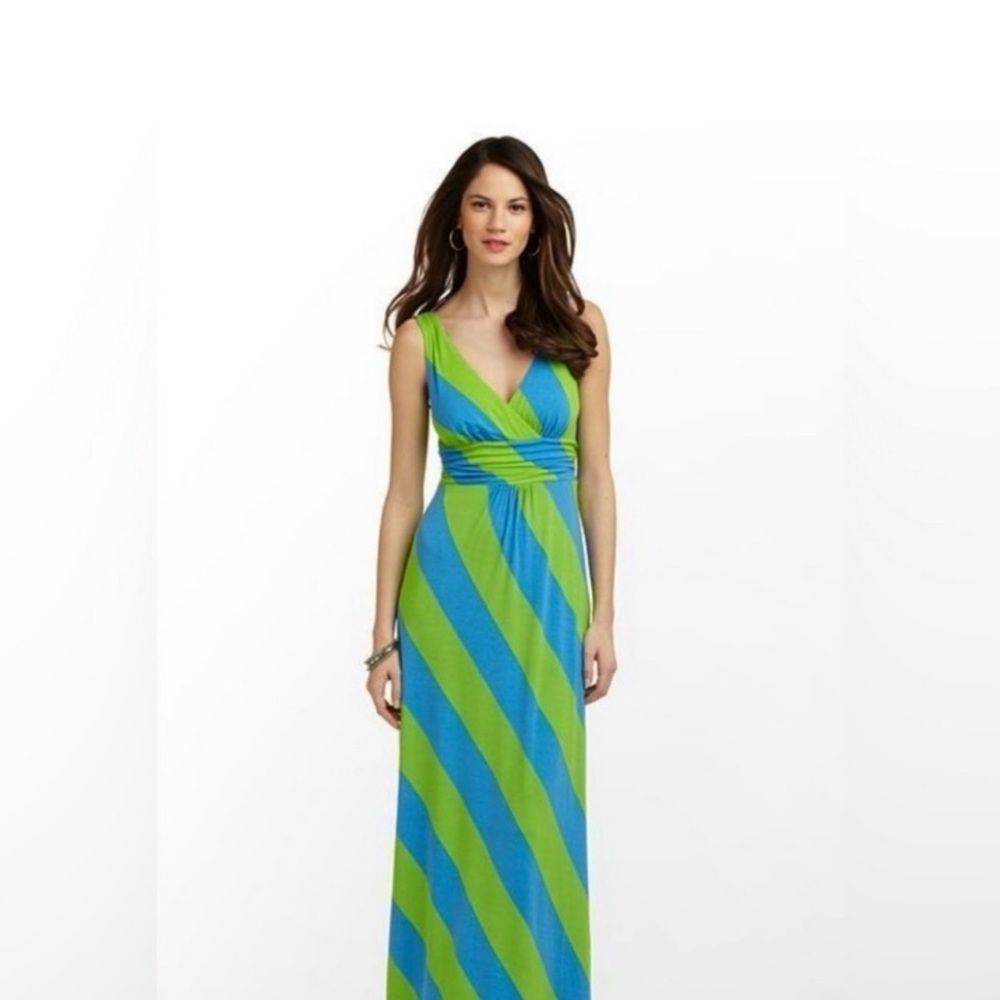 Lilly Pulitzer Blue and Lime Green Diagonal Stripe Maxi Dress - Picture 7 of 8